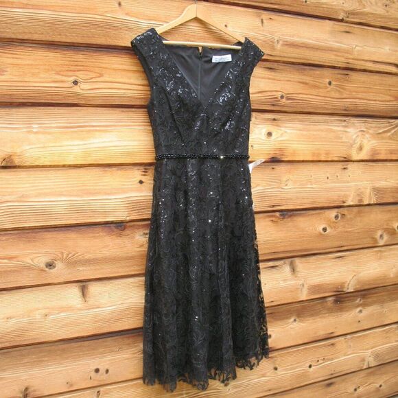 NWT Mac Duggal  Sequin Cap Sleeve V Neck Dress Black - Picture 7 of 16